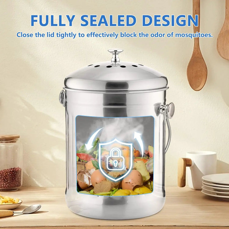 ENLOY Compost Bin for Kitchen Countertop, 1.3 Gallon Stainless Steel Indoor Compost Bucket for Kitchen Countertop Odorless Compost Pail for Kitchen Food Waste with Carrying Handle Easy to Clean by GreenHaven Gardens