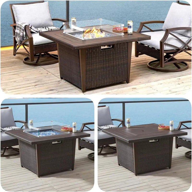 42 Inch Outdoor Propane Fire Pit, 50,000 BTU Gas Fire Pit Table with Lid, Wind Guard, Cover, and Glass Stones, Brown Squre Rattan Gas Firepit Table for Patio, Terrace, Garden, CSA Certification by GreenHaven Gardens