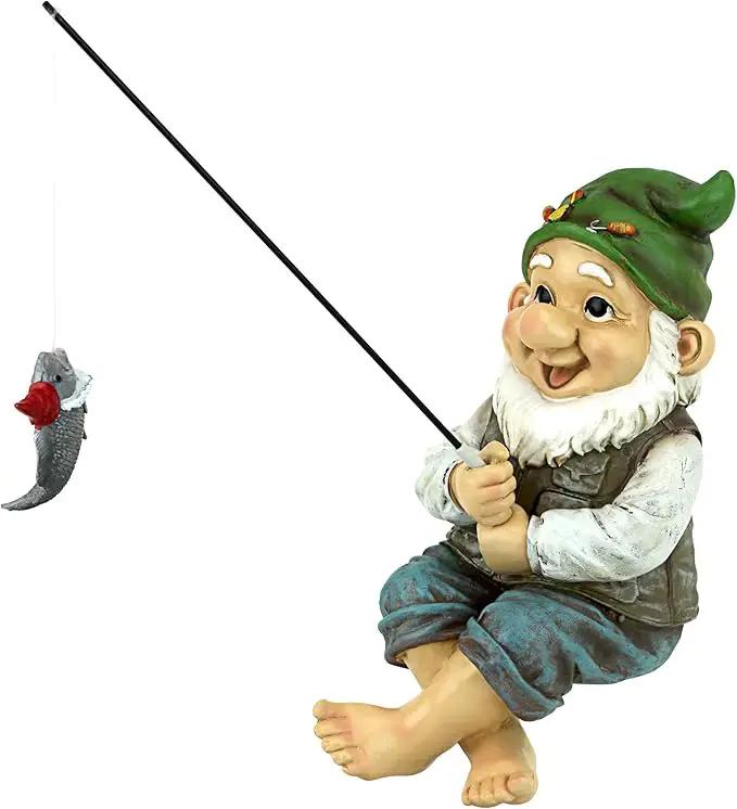 Design Toscano Ziggy with Fishing Pole Garden Gnome Indoor/Outdoor Shelf Sitter Statue, 9 Inch Tall, Cast Stone Resin, Full Color Finish by GreenHaven Gardens