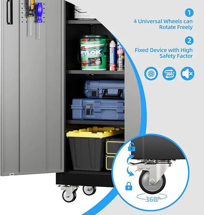 71" H×32" W×16" D Garage Storage Cabinet with Wheels & Pegboard, Locking Metal Storage Cabinet with Doors and 5 Adjustable Shelves & & 4 Hooks for Garage Warehouse Home Office, Black and Gray by GreenHaven Gardens