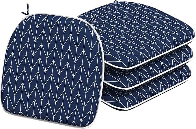 Indoor/Outdoor Chair Cushions 16x17 Inch, Patio Chair Cushions with Ties, All Weather Seat Cushions for Patio Furniture Home Garden Chair Use, Set of 4, Herringbone Navy by GreenHaven Gardens