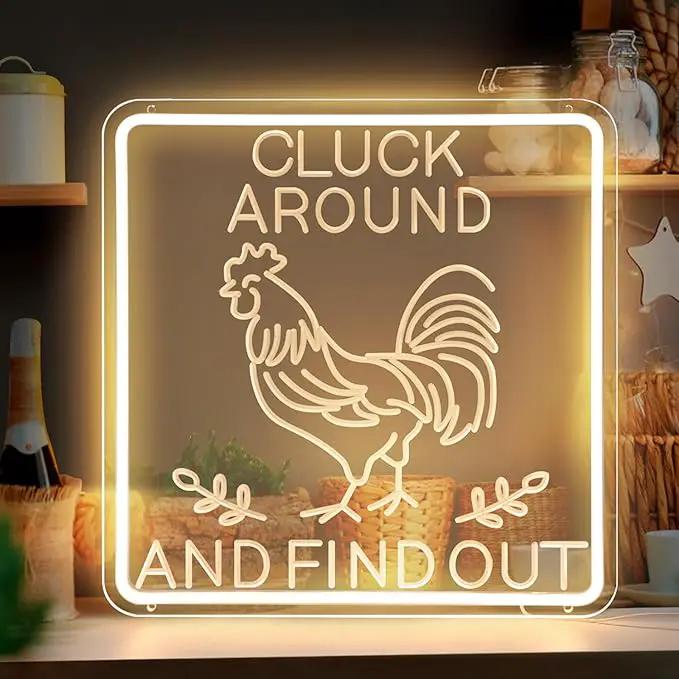 Funny Cluck Around and Find Out Large Neon Sign Dimmable, Rooster Decor 16 X 16 Inch Kitchen Decor for Farmhouse, Chicken Coop, Garden, Farm House Decoration, Rooster Gifts by GreenHaven Gardens