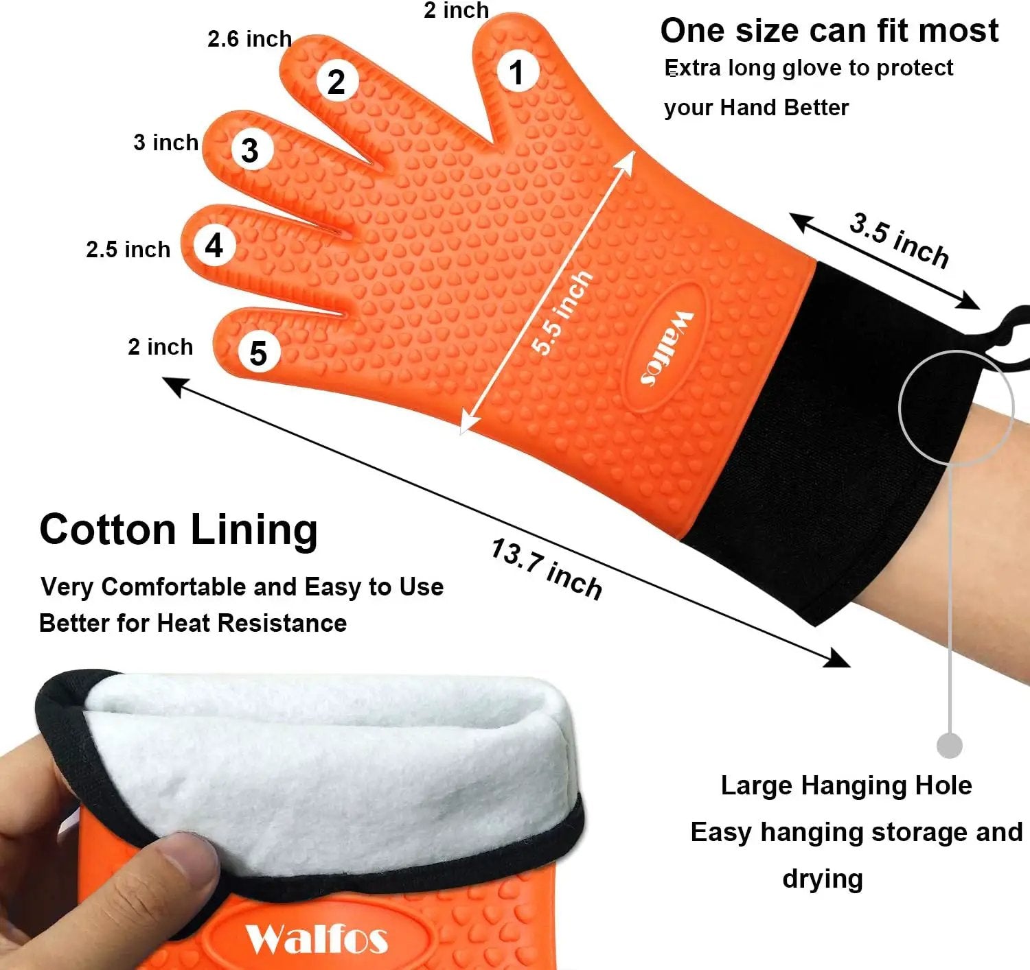 Walfos Silicone BBQ Gloves - Heat Resistant Grilling Gloves, Premium Non-Slip Kitchen Oven Mitt with Protective Cotton Layer Inside, Waterproof, Great for Grilling, Kitchen and Cooking, Orange by GreenHaven Gardens