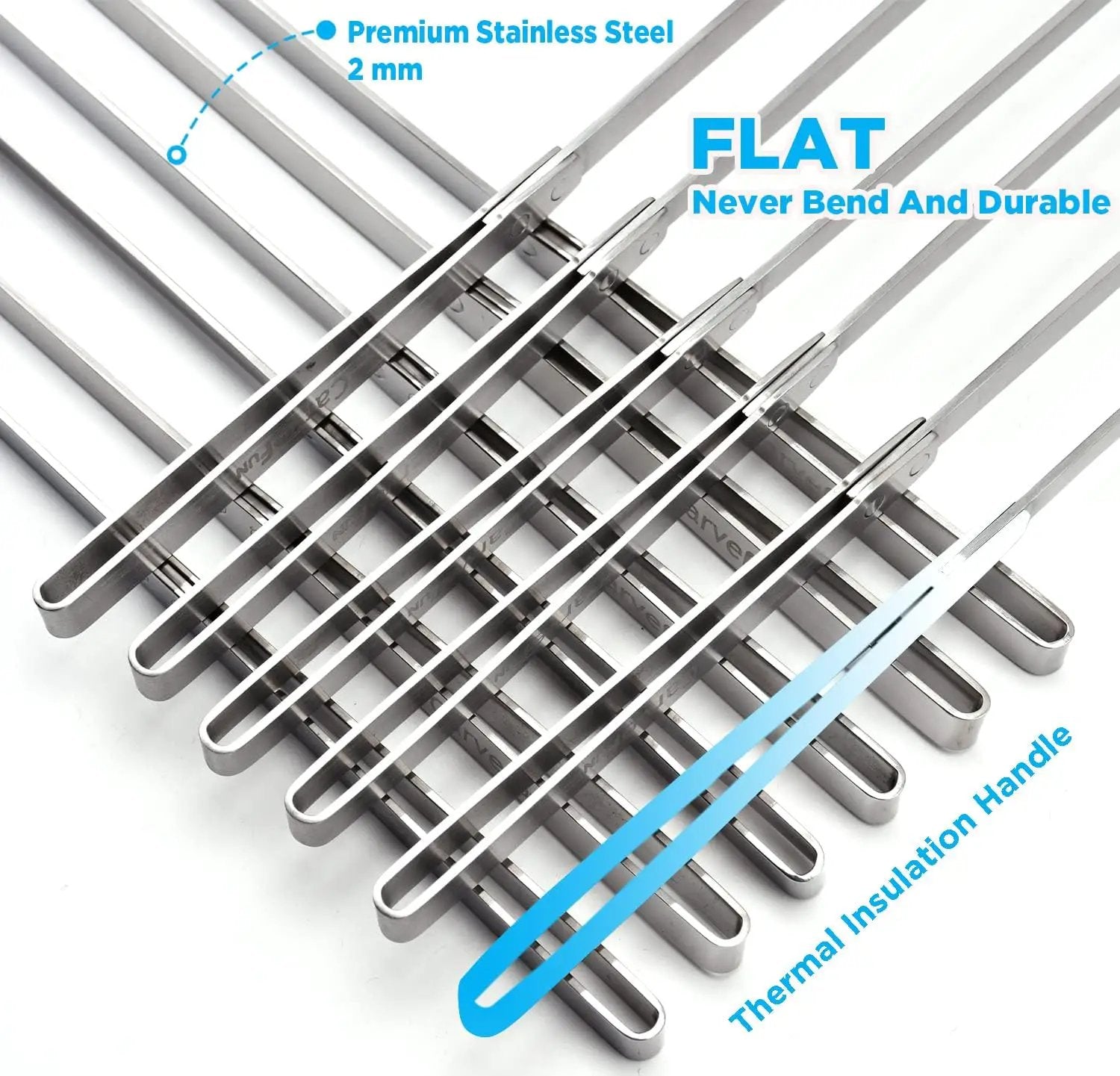 Innovative Thermal Insulation Handle BBQ Skewers Set - 6 Stainless Steel Wide BBQ Kebob Sticks For Grill - Flat Metal With 1 Food Remover Bar - 16.7' Inch Metal Kabob Skewers by GreenHaven Gardens