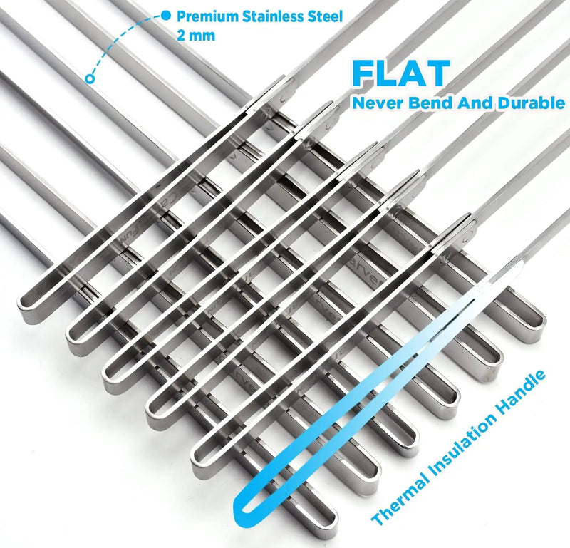 Innovative Thermal Insulation Handle BBQ Skewers Set - 6 Stainless Steel Wide BBQ Kebob Sticks For Grill - Flat Metal With 1 Food Remover Bar - 16.7' Inch Metal Kabob Skewers by GreenHaven Gardens