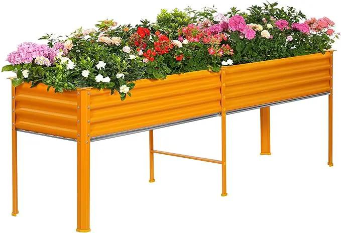 Land Guard Galvanized Raised Garden Bed with Legs, 96×24×32in Raised Garden Beds Outdoor with Drainage Holes, Planter Boxes Outdoor for Backyard, Patio, Balcony, 800lb Capacity, Cream Yellow by GreenHaven Gardens