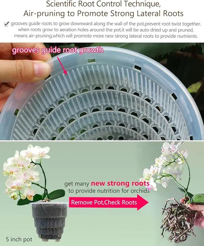 5 inch Orchid Pots with Holes for Repotting with Excellent Airflow, Set of 3, Double Layer Plastic Imitate Ceramic Orchid Planter, Clear Orchid Pot Match Decorative Orchid Container by GreenHaven Gardens