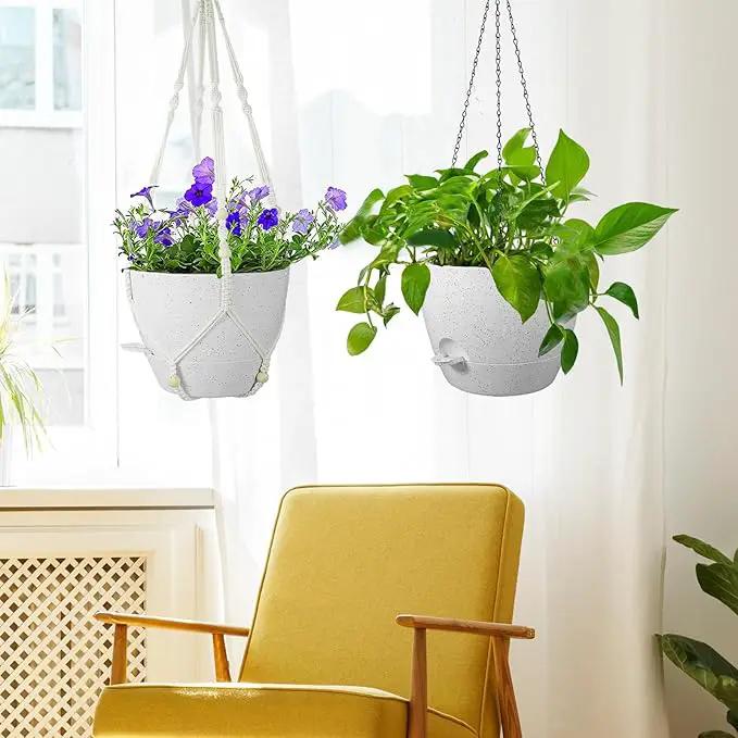 10 inch Self Watering Hanging Planters, 2 Pack Hanging Baskets for Indoor Outdoor Plants, Hanging Flower Pots with Drainage Holes and 2 Kinds of Plant Hangers for Garden Decor, Speckled White by GreenHaven Gardens