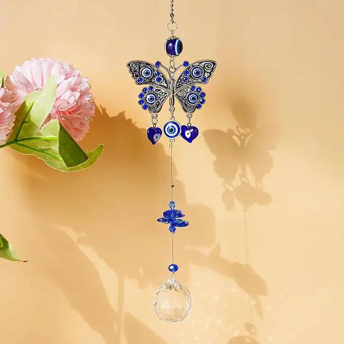 Turkish Blue Evil Eye Butterfly Wall Hanging with Crystal Suncatcher Ornament for Home Decor Protection Good Luck Blessing Housewarming Birthday Gift by GreenHaven Gardens