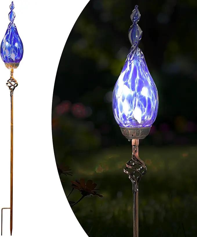 Solar Garden Lights, Decorative LED Flame Garden Stakes, Hand Blown Glass and Outdoor Waterproof Glass Stakes (Dark Blue) by GreenHaven Gardens