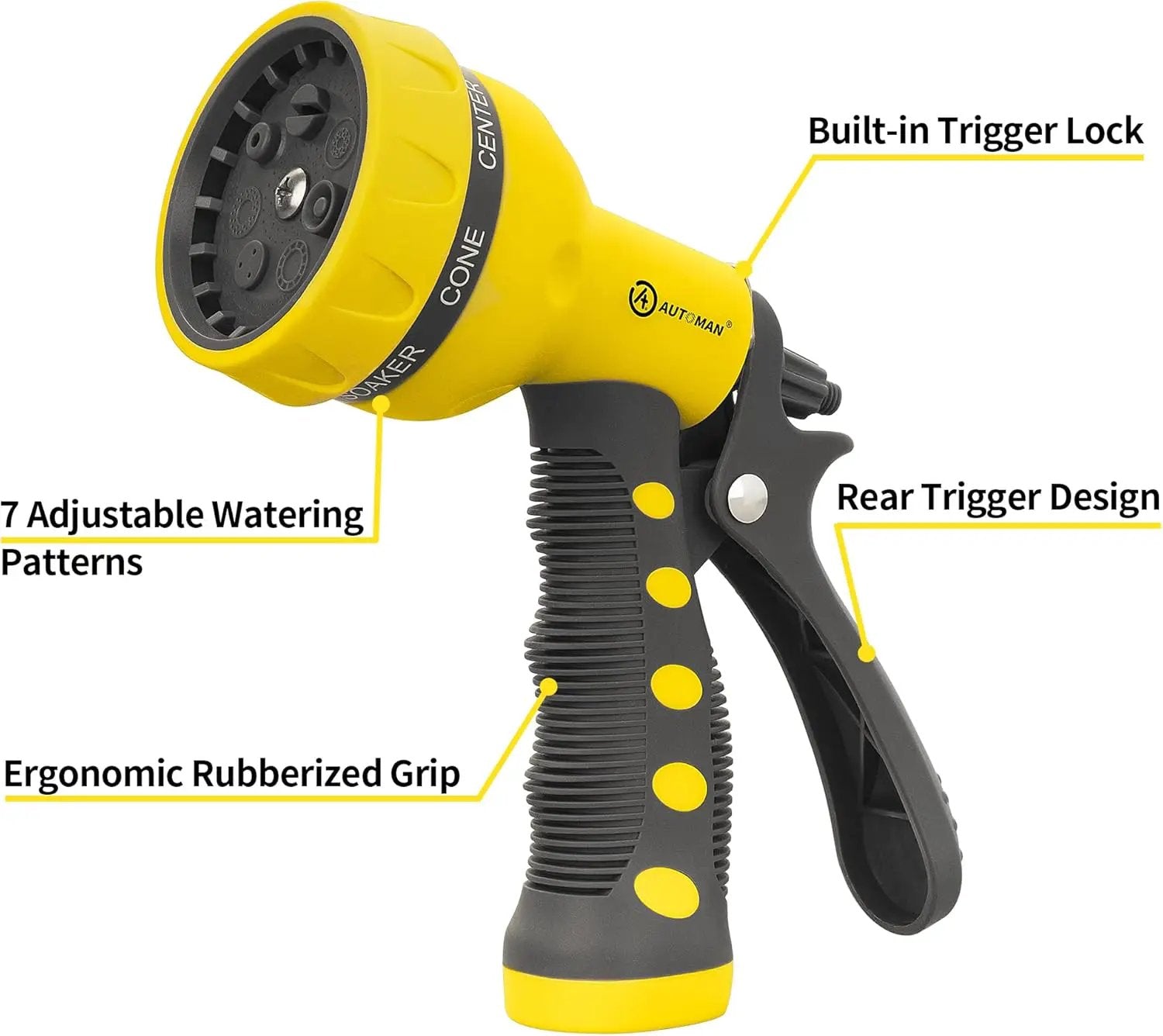 AUTOMAN-Garden-Hose-Nozzle,ABS Water Spray Nozzle with Heavy Duty 7 Adjustable Watering Patterns,Slip Resistant for Watering Plants,Lawn& Garden,Washing Cars,Cleaning,Showering Pets - Yellow by GreenHaven Gardens
