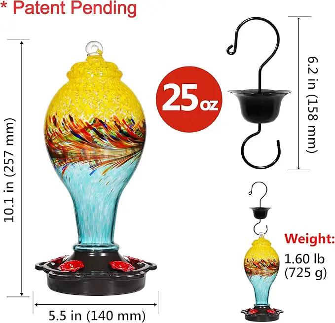 LUJII Hand Blown Glass Hummingbird Feeder for Outdoors with Ant Moat, Leak Proof & Rustproof, 25 fl.oz, Metal Base Cover with 5 Feeding Ports & Perches, Glass Art for Garden Decor (Blue Mixed Yellow) by GreenHaven Gardens