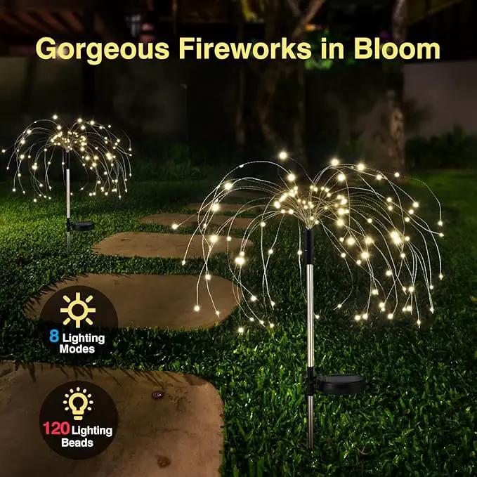 Firework Waterproof LED Solar Lights - 120 LED Outdoor warmer starburst garden decor with 8 modes by GreenHaven Gardens