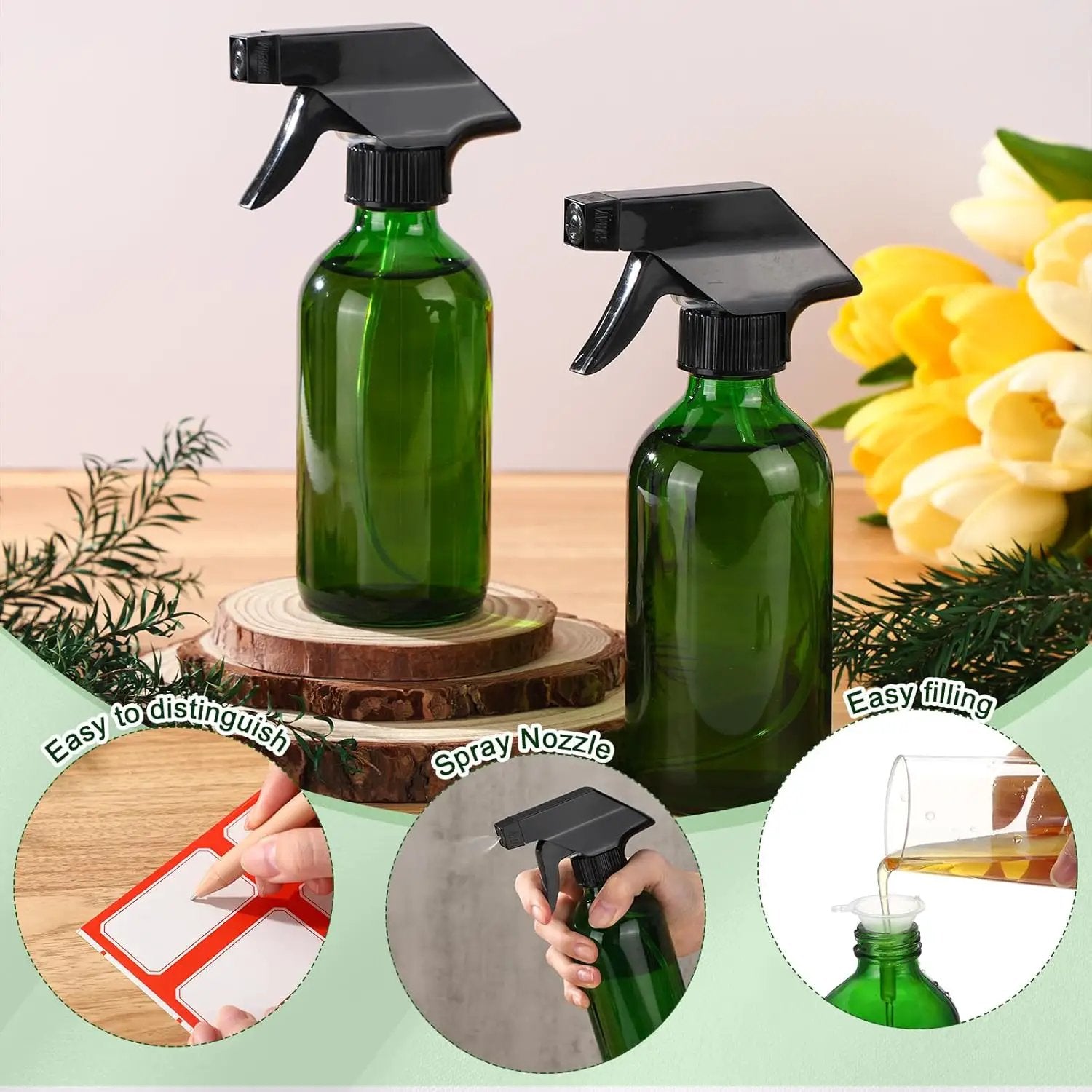 Norme 12 Pcs 8 oz Glass Spray Bottles with Funnels and Labels Refillable Cosmetic Empty Spray Bottles with Sprayer Containers for Essential Oil Cleaning Solutions(Green,Classic) by GreenHaven Gardens