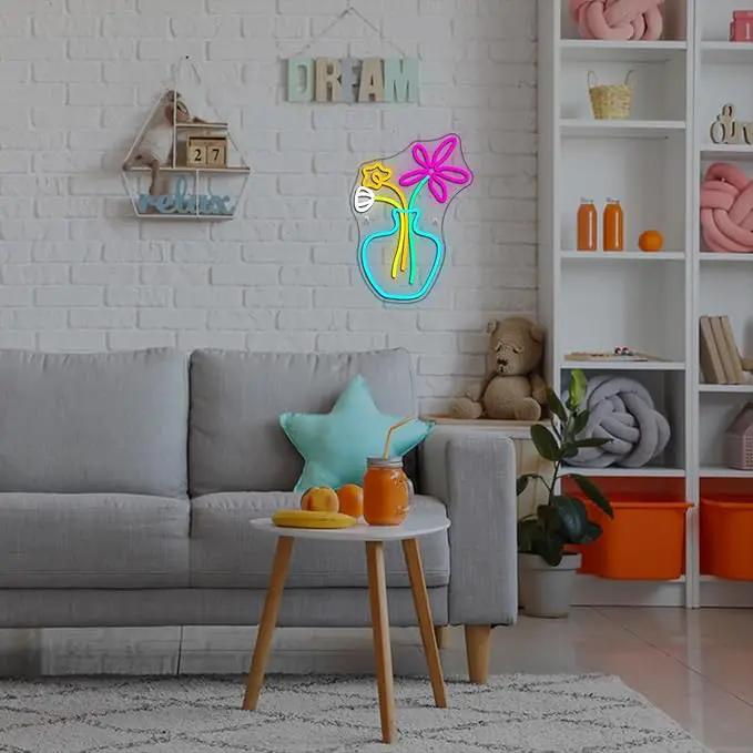 Flower Vase Neon Sign,Dimmable Neon Lights,Neon Flowers Sign for Wall Decor,Anime Flower Shape USB Connectivity Light Up Neon for Kids Room Girls Room Bar Birthday Party by GreenHaven Gardens