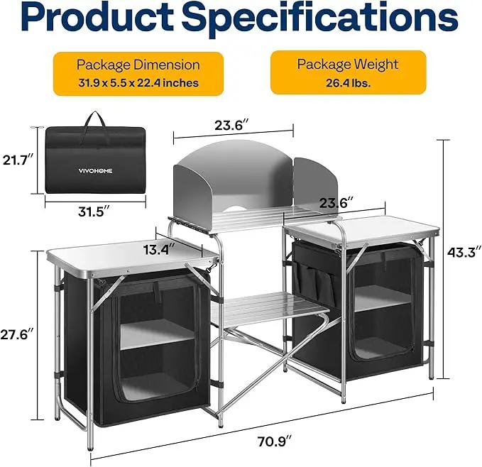 VIVOHOME Folding Camping Kitchen Station Table with Storage Organizer, 2 Side Tables, Stainless Steel Windscreen, Outdoor Portable Cook Station for BBQ, Picnics by GreenHaven Gardens