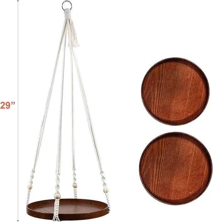 Macrame Plant Hanger - 2 Set Indoor Hanging Planter Shelf - Hanging Planter Rack Decorative Flower Pot Holder - Handmade Cotton Plant Hangers with Wood Tray Boho Home Decor by GreenHaven Gardens