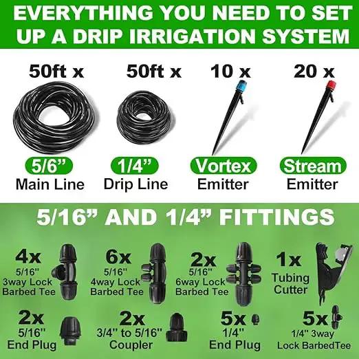 Drip Irrigation System Kit,100FT Adjustable Drip Watering Plant System with 5/16" and 1/4" Irrigation Tubing Hose,Drip Emitters,Lock Barbed Tee Fittings for Garden and Raised Beds,Greenhouse,Yard,Lawn by GreenHaven Gardens
