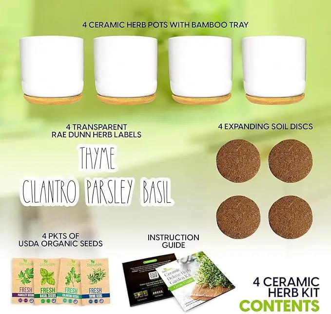 Deluxe Ceramic Indoor Herb Kit 4 Set. Variety Herbs for Indoor & Outdoor – Get Growing with Pots, Potting Soil for Window Herb Garden. (Ceramic Edition) by GreenHaven Gardens
