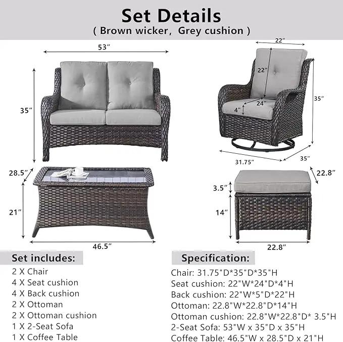 Wicker Outdoor Furniture Patio Furniture Set - 6 Piece Patio Conversation Set with Swivel Rocker Chairs, Loveseat Sofa, Ottomans and Coffee Table, Gray Cushion by GreenHaven Gardens