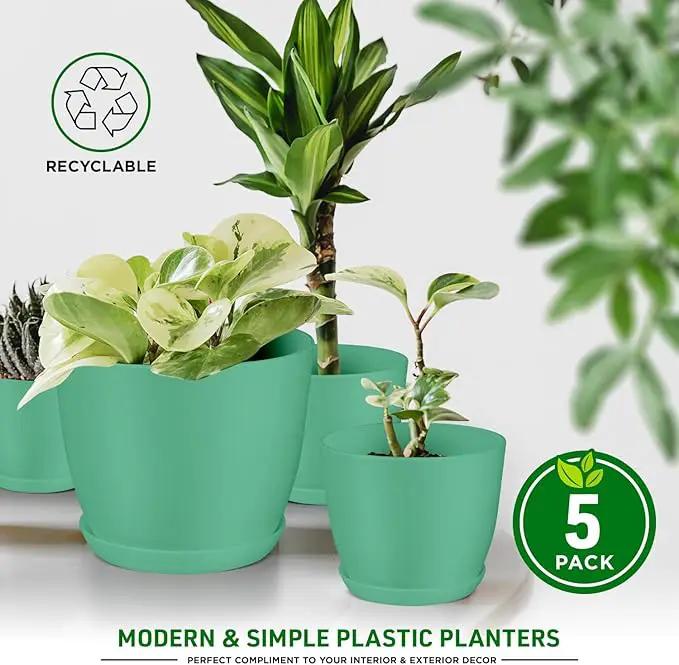 Planter Pots with Drainage Holes - Lightweight, Durable, & Space-Saving Pots for Indoor and Outdoor - Versatile Functionality, Simple Modern Design, Set of 5 Plastic Planter Pots Mint by GreenHaven Gardens