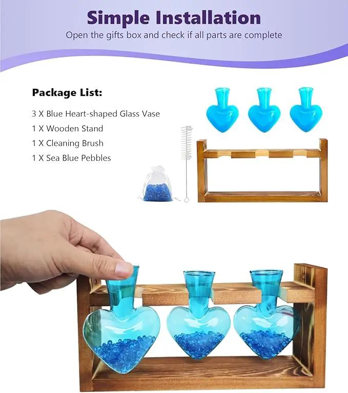 Nacome Plant Terrarium for Office Decor: Wooden Stand Tabletop Planter 3 Bulb Glass Vase Heart Shaped for Hydroponics Indoor Home - Birthday Gifts for Women Mom Grandma by GreenHaven Gardens
