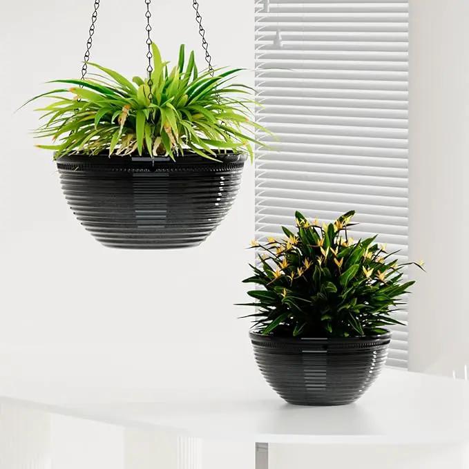 2 Pack Hanging Planters for Indoor Outdoor Plants, 10 Inch Hanging Planter with Drainage Hole & Plug Glazed Hanging Baskets Flower Pots for Garden Home (Black) by GreenHaven Gardens