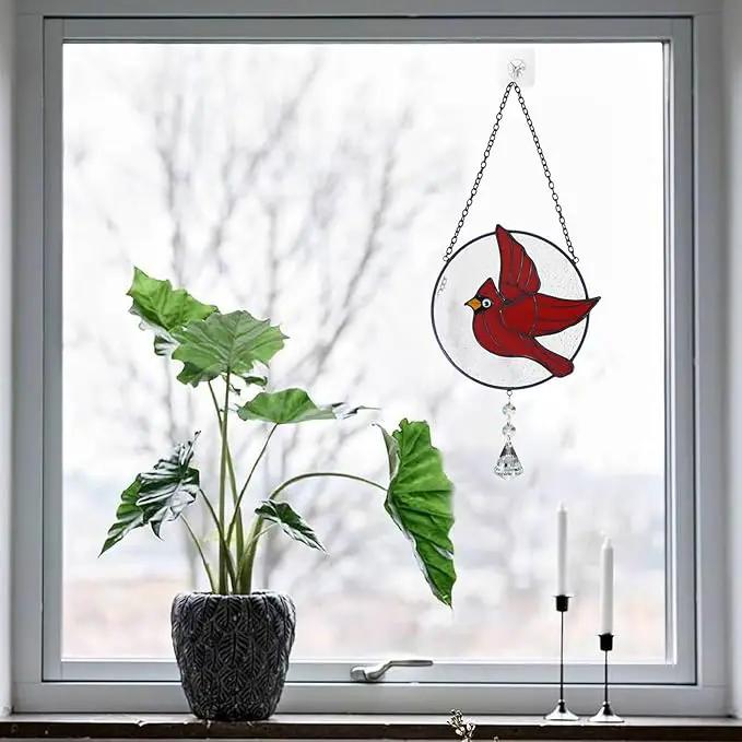 Cardinal Stained Glass Suncatchers for Windows Hangings Decorative,Red Love Birds Sun Catchers with Crystal Indoor Ornaments,Memorial Gifts for Women,Sun Catchers by GreenHaven Gardens