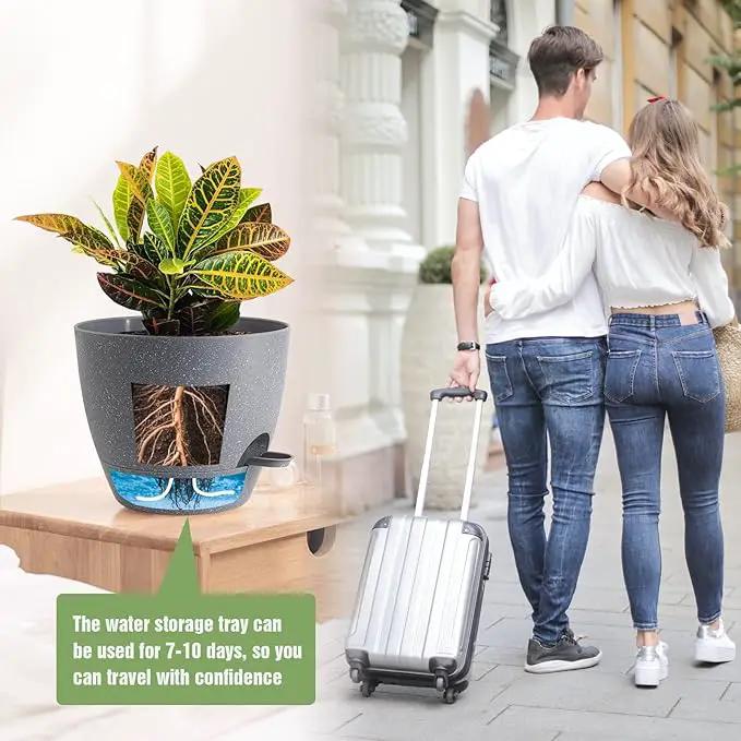 10/9/8 inch Self Watering Pots, Set of 3 Plastic Planters with Mesh Drainage Holes and Deep Reservoir for Indoor Outdoor Garden Plants and Flowers, Grey Speckles by GreenHaven Gardens