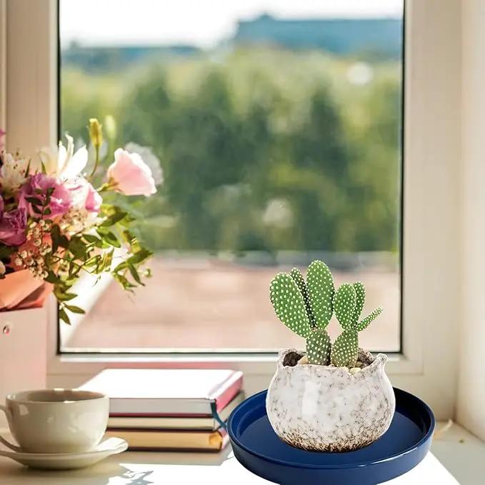 Plant Saucer Pot Tray Planter Saucers 4 Pack 4 5 6 7 8 9 10 11 12 13 15 Inch for Indoors Outdoor, Durable Sturdy Ceramic Flower Drainage drip Water Tray for Glazed Pots Base (4.7 Inch-Blue) by GreenHaven Gardens