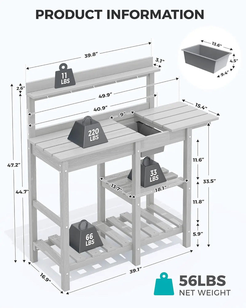 SERWALL Potting Bench Outdoor Potting Table with Sink, HDPE Potting Benches for Outside Gardening Table All Weather Use- Spanish Gray by GreenHaven Gardens