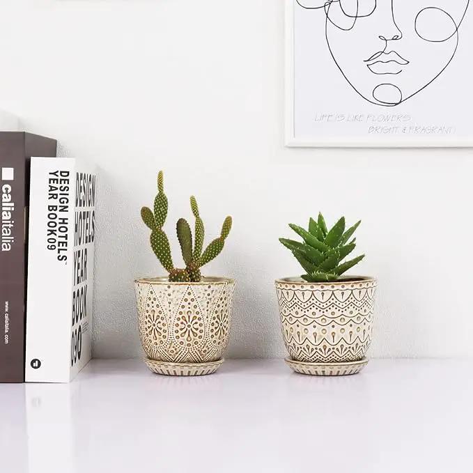 Gepege Succulent Pots, 4 Inch Small Indoor Ceramic Planter Pot with Drainage Holes and Saucers for Plants- Creamy White - Set of 4 by GreenHaven Gardens