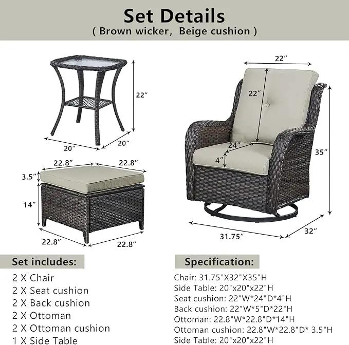 5 Pieces Patio Furniture Sets Wicker Outdoor Furniture, Rattan Patio Swivel Glider Chairs with 2 Ottoman and Glass Side Table by GreenHaven Gardens