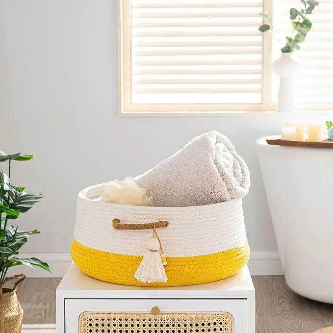 KAKAMAY Woven Baskets for Storage(16"x8"),Blanket Basket for Organizing Living Room,Cotton Rope Basket Woven Baby Laundry Hamper,Collapsible Laundry Room Organization,Clothes,Toy Chest(Yellow) by GreenHaven Gardens