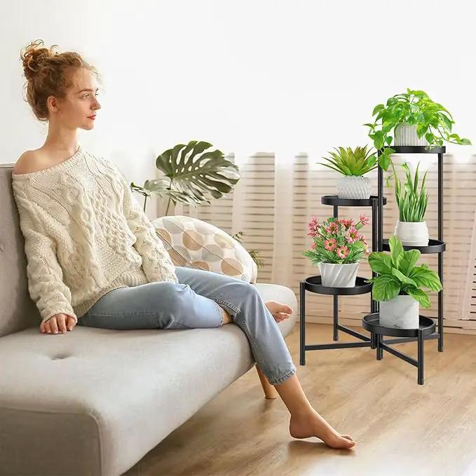 iDavosic.ly 5 Tier Large Plant Stand Indoor with 10 Inch Wide Tray, Tiered Corner Metal Outdoor Flower Display Holder Shelf, Folding Tall Rack for Patio Porch Living Room, Modern Black by GreenHaven Gardens
