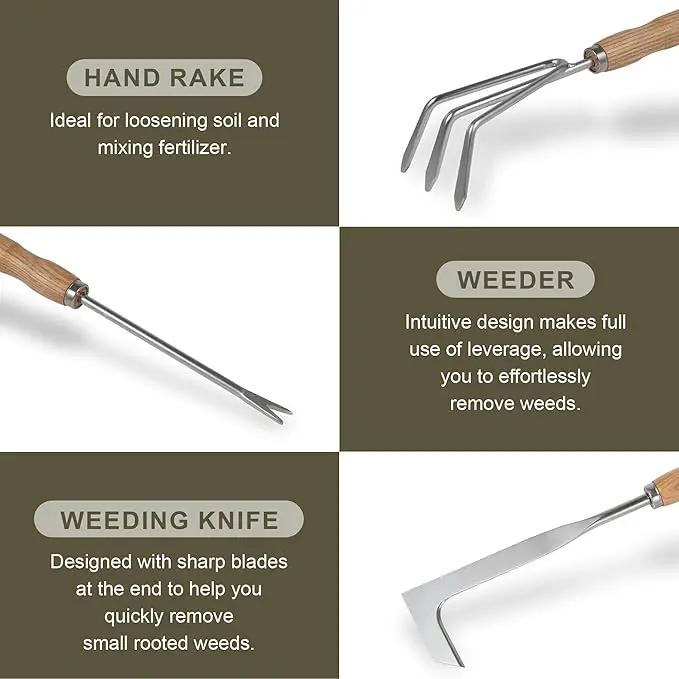 Gardening Tools Set of 9 Garden Hand Tools with Wooden Handles with Garden Bag for Tools Durable Hand Tools for Gardening,Weeding,Ideal Gifts for Women,Men,Parents and Grandparents by GreenHaven Gardens