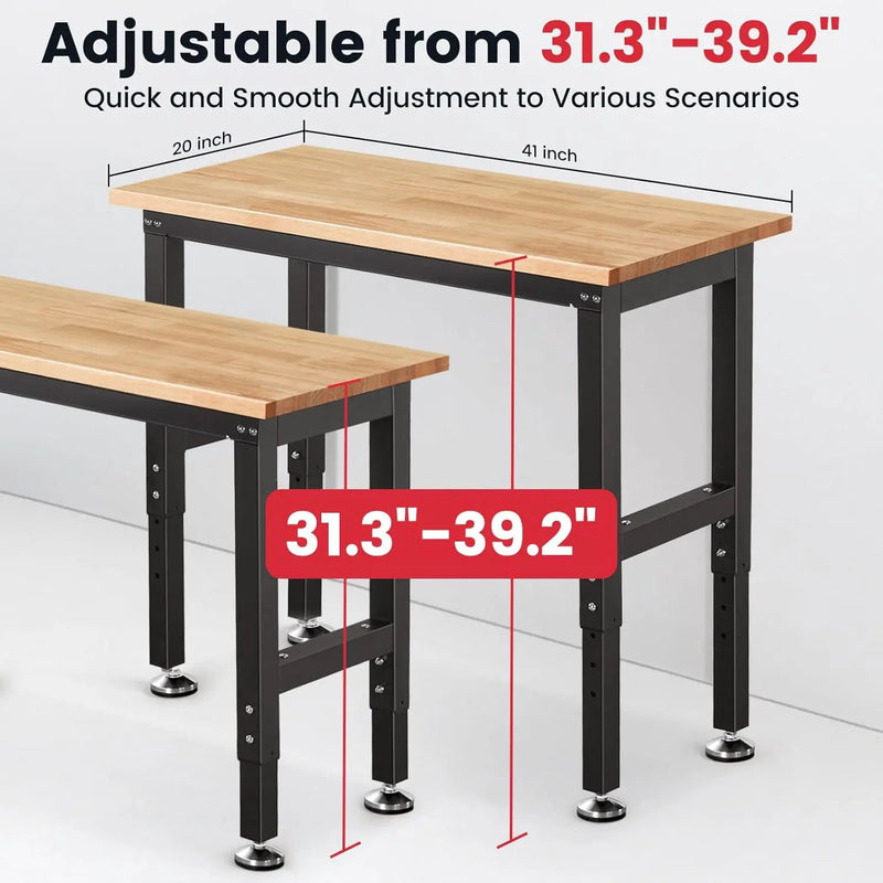 Work Bench 41 Inch Workbench for Garage Adjustable Height Heavy Duty Work Table Rubberwood Tabletop for Cutting Wood Shop Home Office Electronic Woodworking by GreenHaven Gardens