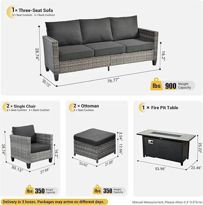 ovios 6 Pieces Patio Furniture Set with 54" Fire Pit Table, Outdoor Wicker Sofa with Comfy Cushions, All Weather High Back Rattan Couch Conversation Set, Black by GreenHaven Gardens