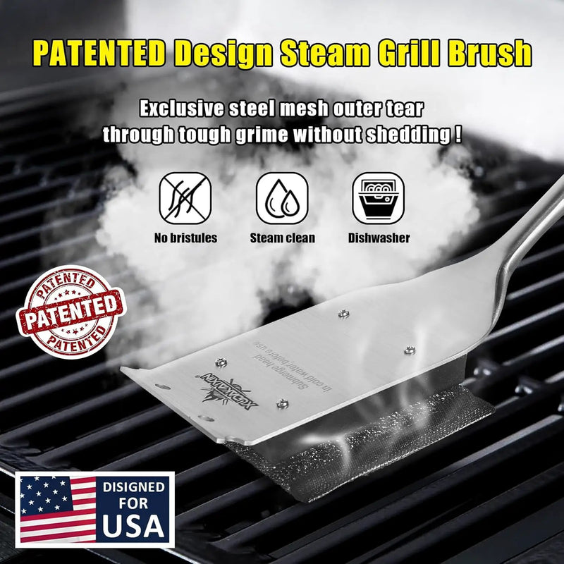 18” Steam Grill Brush Bristle Free,with Extended Luxurious Acacia Wood Handle,Safe Grill Cleaner for Outdoor Grill,Replaceable Head Grill Scraper Tool,BBQ Accessories,Gifts for Men/Dad by GreenHaven Gardens