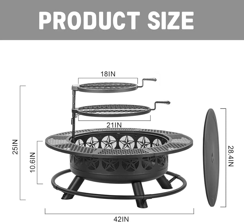 42 Inch BBQ Fire Pit with 2 Grills,3-in-1 Outdoor Round Metal Fire Pit Table with Lid,Fire Poker,Large Outdoor Wood Burning Firepits for Outside,Picnic,Bonfire Backyard Patio(Black) by GreenHaven Gardens