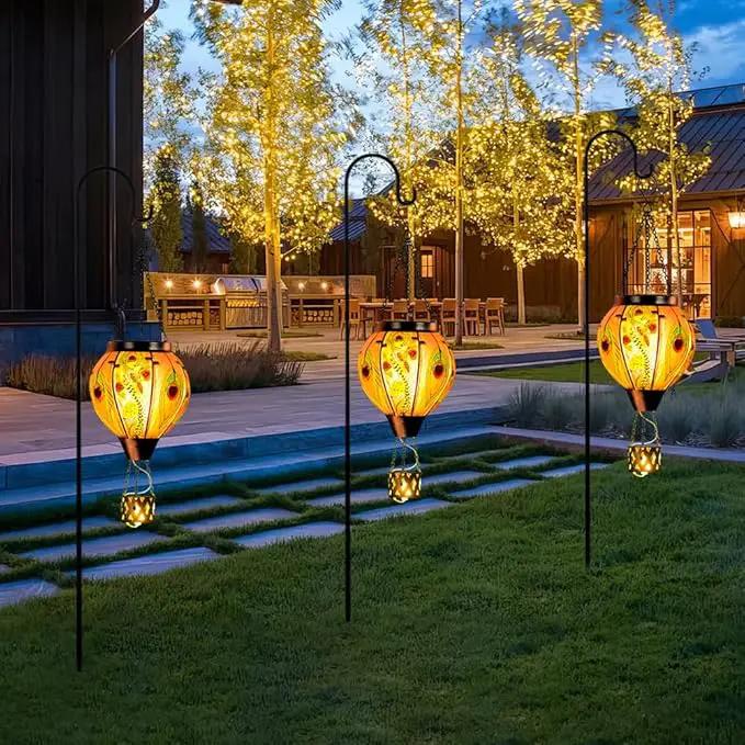Peacock Hot Air Balloon Solar Lantern with Flickering Flame,Glass Hanging Solar Lanterns Outdoor Waterproof,Hot Air Balloon Decorative Lights for Patio Porch Yard Decor,Peacock Gifts for Women
