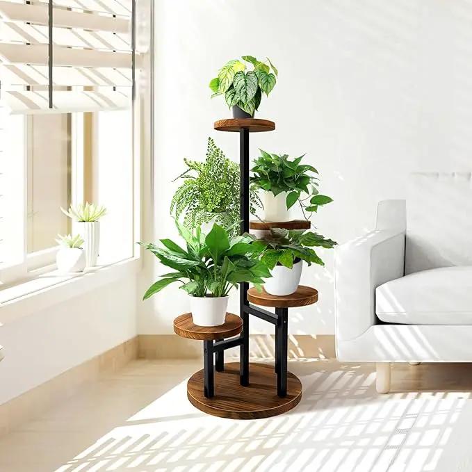 AUGOSTA 5 Tier Plant Stand, Tall Metal Wood Shelf Holder for Indoor Plants, Outdoor Garden Plant Display Rack Flower Pot Stand for Corner Living Room Balcony Garden Patio by GreenHaven Gardens