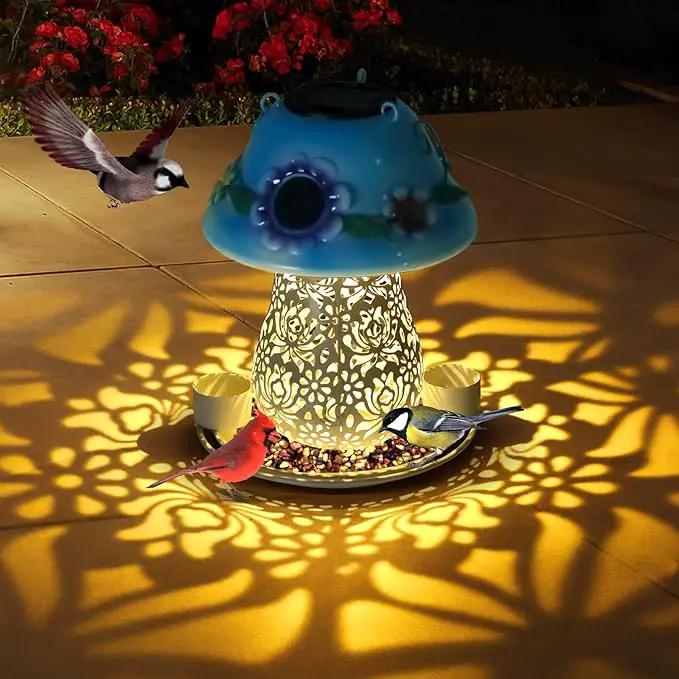 Mushroom Solar Bird Feeders for Outdoors Hanging Metal Wild Bird Feeder Garden Lantern with S Hook for Garden Decoration Blue by GreenHaven Gardens