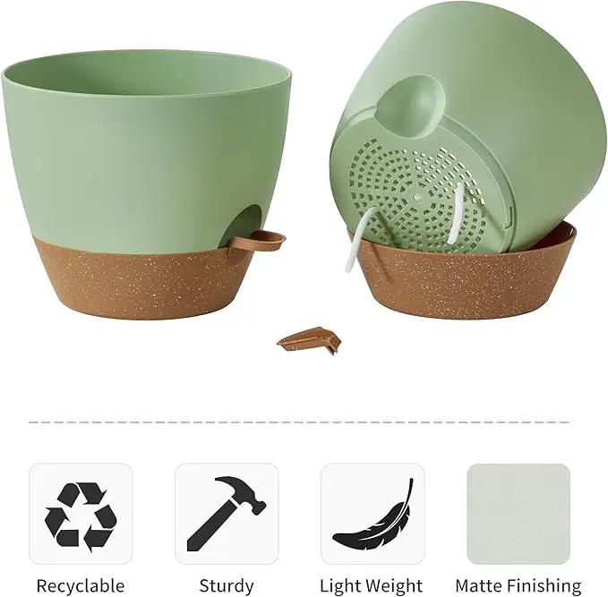 FaithLand 3-Pack Large Planter Pots, 12 10 9 Inch Self Watering Flower Pots for Indoor Outdoor Garden Plants, Green with Brown by GreenHaven Gardens