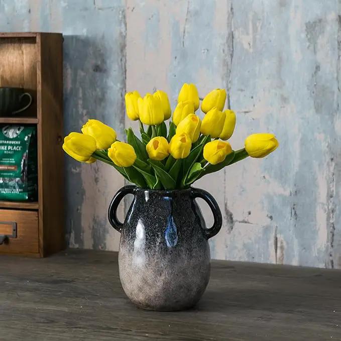 Blue Gradient Ceramic Vase with 2 Handles, Modern Farmhouse Decor, Rustic Terracotta Pottery, Decorative Clay Flower Vase, Centerpiece for Dining Table - 7 Inch by GreenHaven Gardens
