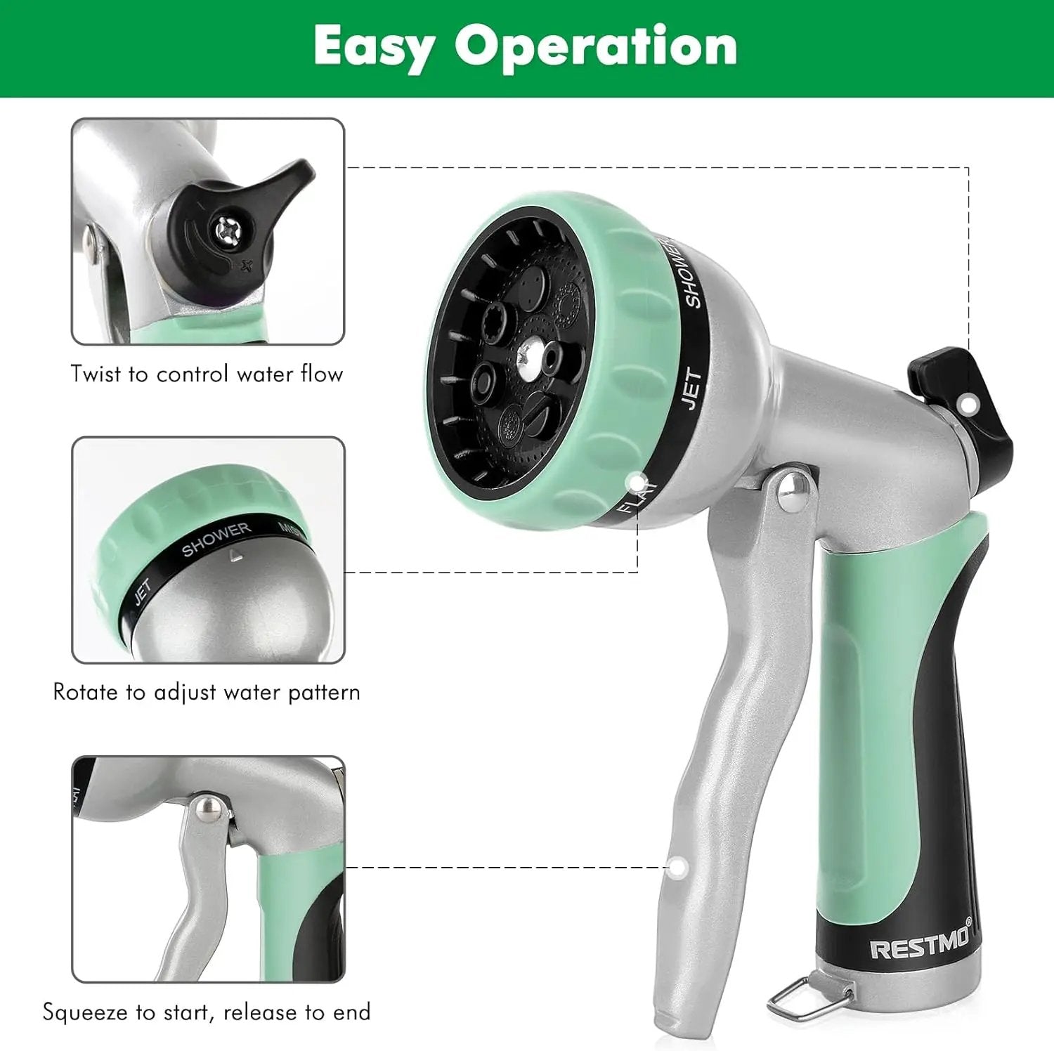 RESTMO Garden Hose Nozzle, Heavy Duty Metal Water Hose Nozzle with 7 Adjustable Spray Patterns, High Pressure Hand Sprayer with Flow Control, Best for Watering Plant & Lawn, Washing Car & Pet, Cyan by GreenHaven Gardens