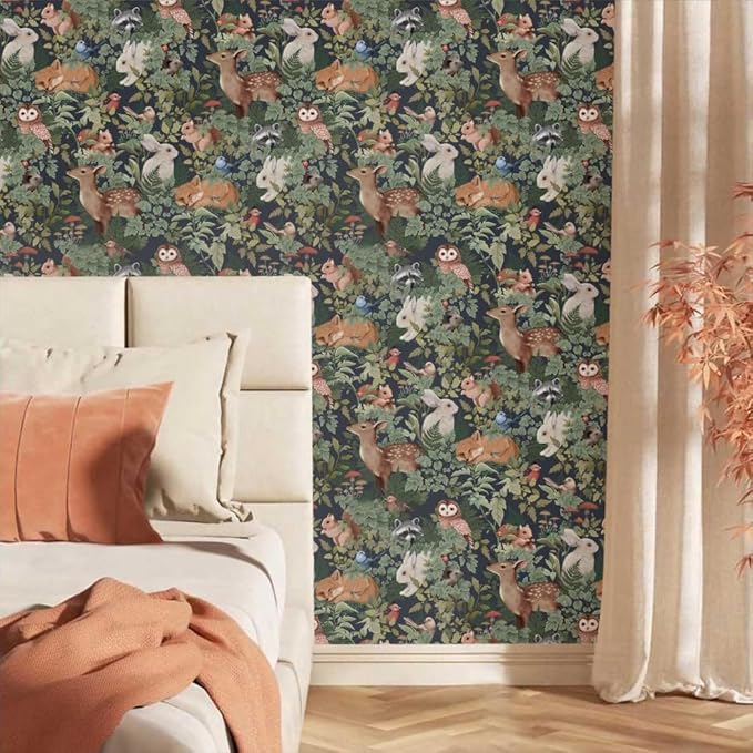 Green Plants Leaf Animal Forest Deer Rabbits Squirrel Owl Peel and Stick Wallpaper Self Adhesive Removable Easy Peel Off Contact Stick on Wall Paper for Bedroom Cabinet Renter Friendly by GreenHaven Gardens