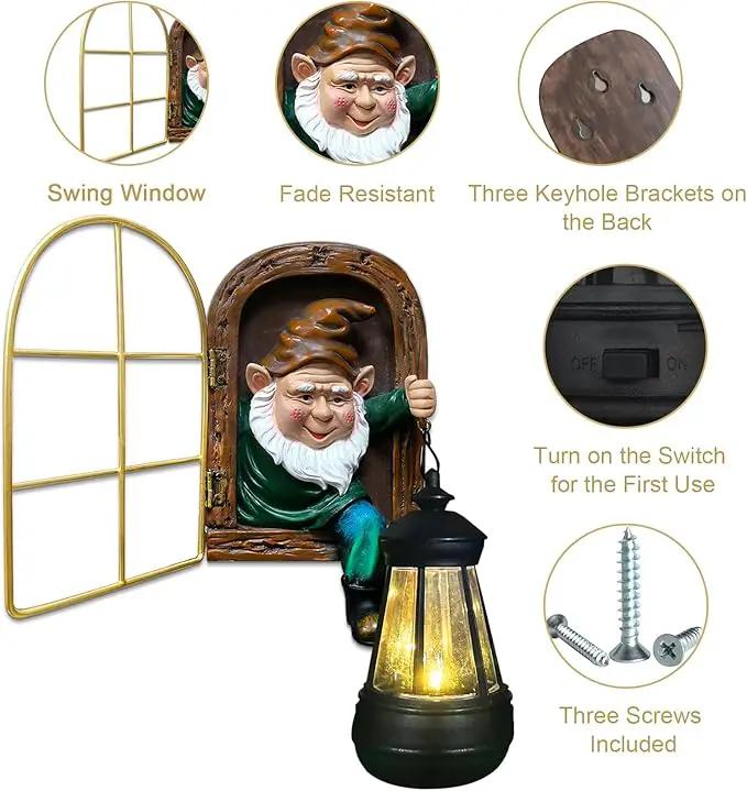 Fairy Garden Statues Gnomes Solar Lantern - Whimsical Elf Out The Door Tree Hugger Figurines Fence Wall Yard Art Home Decor Outdoor Tree Face Sculpture, Ideal Birthday Housewarming Decorations Gifts by GreenHaven Gardens