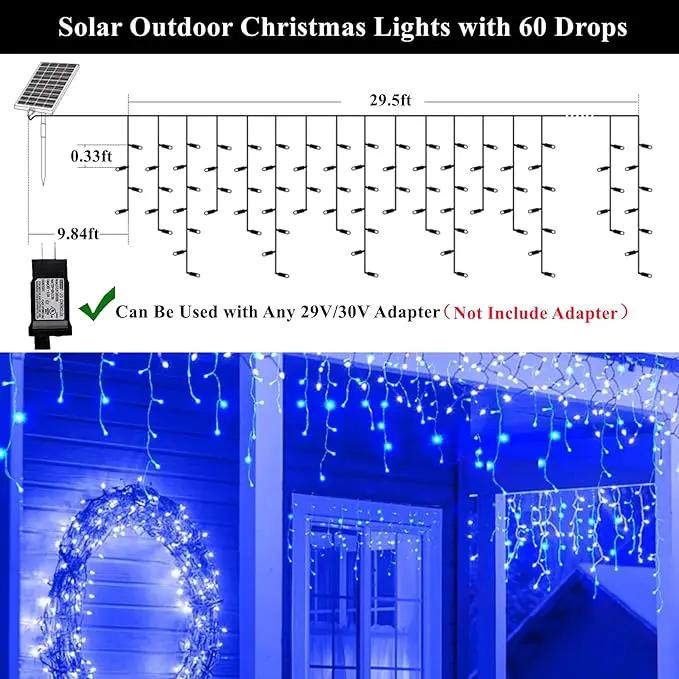Solar Christmas Lights Outdoor Waterproof Christmas Decorations Curtain Lights 320LED 29.5ft 60 Drops, Solar Powered Rechargeable Fairy Lights for Party, Wedding, Home Decorations(Blue) by GreenHaven Gardens