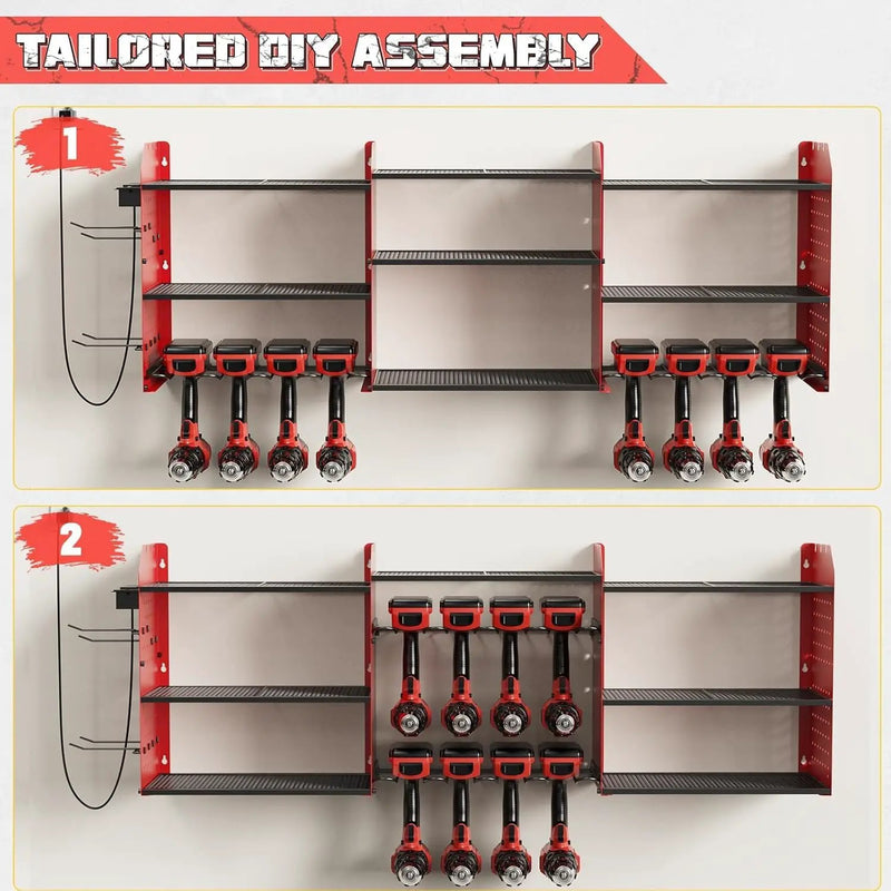 Power Tool Organizer with Charging Station Wall Mount, 3 Layer Expanded Heavy Duty Garage Organization, 45.5 Inch Length Garage Tool Storage, 8 Drills, 2 Assemble Method, Red by GreenHaven Gardens